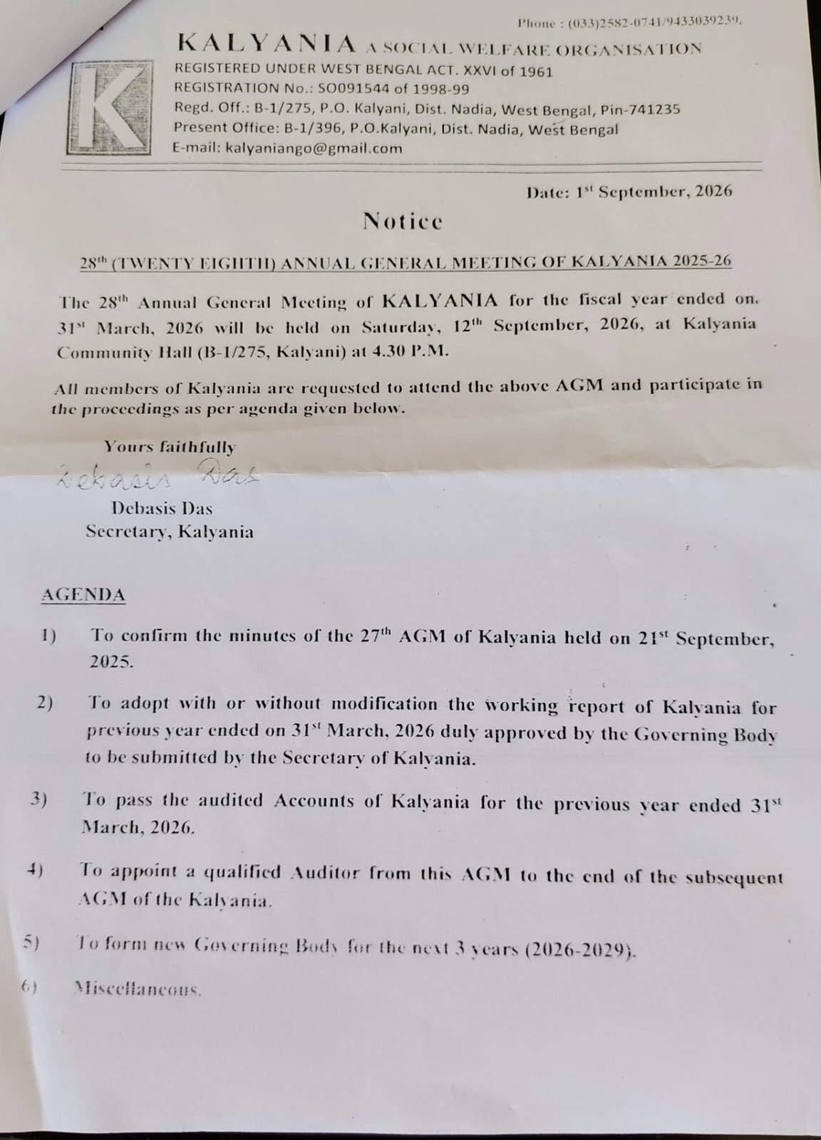 Kalyania AGM Notice